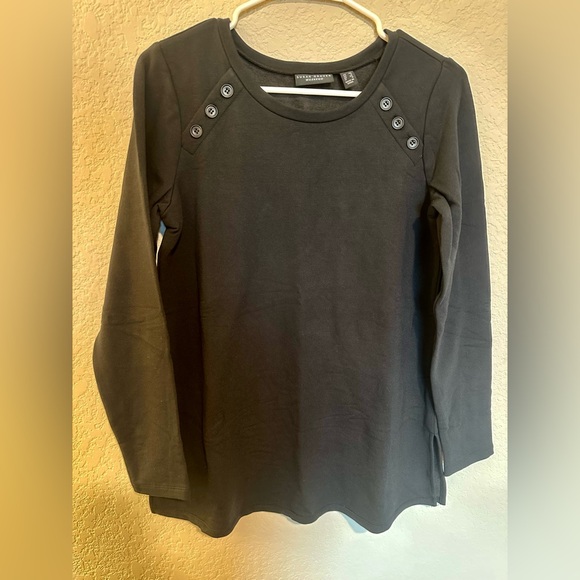 Susan Graver Weekend Regular Brushed Back Knit Tunic with Button Detail-Black-XS - Picture 2 of 14